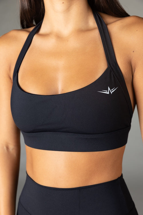 Balance Halter Bra in Midnight, front detail view