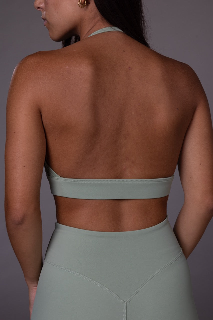 Balance Halter Bra in Willow, back view