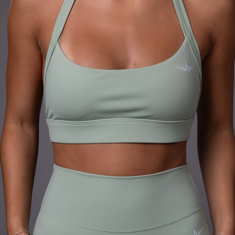 Balance Halter Bra in Willow, cropped front view